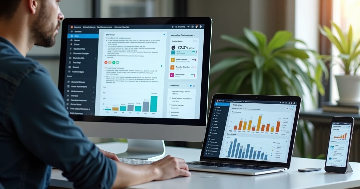 Desenvolvedor criando site responsivo com gráficos de SEO na tela 