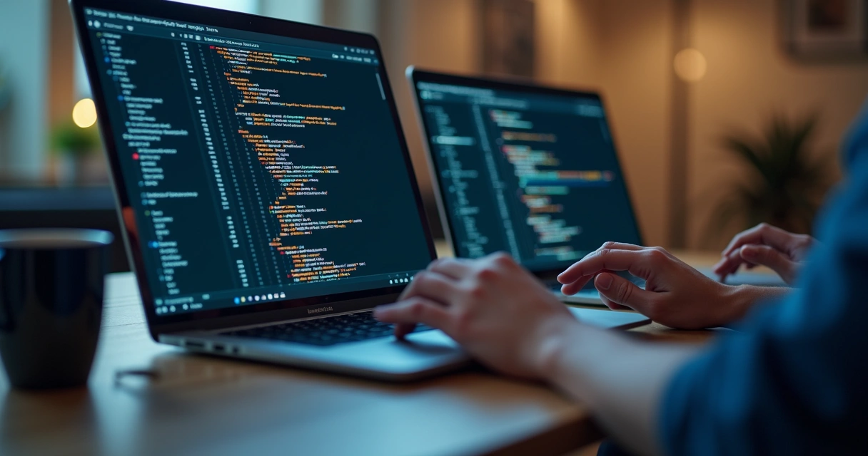 Desenvolvedor digitando código em notebooks lado a lado, monitorando diferentes telas 
