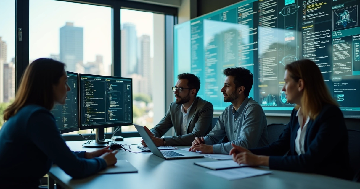 Equipe de desenvolvimento discutindo projeto de software 