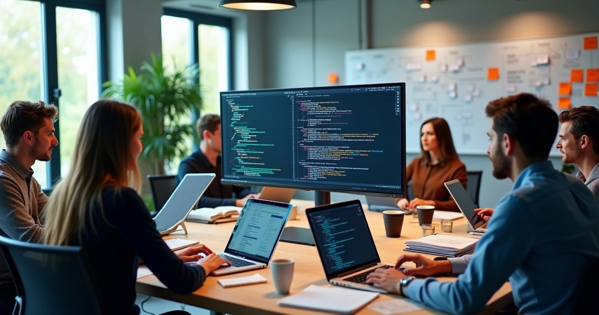 Equipe multidisciplinar trabalhando colaborativamente em desenvolvimento de software com computadores e telas com códigos 