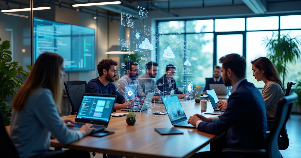 Equipe de profissionais trabalhando junta em desenvolvimento de software com laptops e telas digitais 