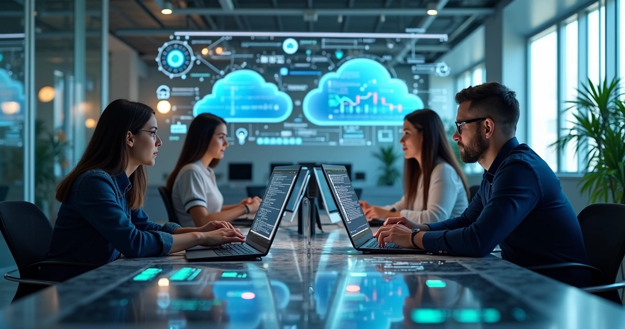 Equipe de desenvolvedores reunida em sala moderna com computadores, telas mostrando códigos e gráficos digitais 