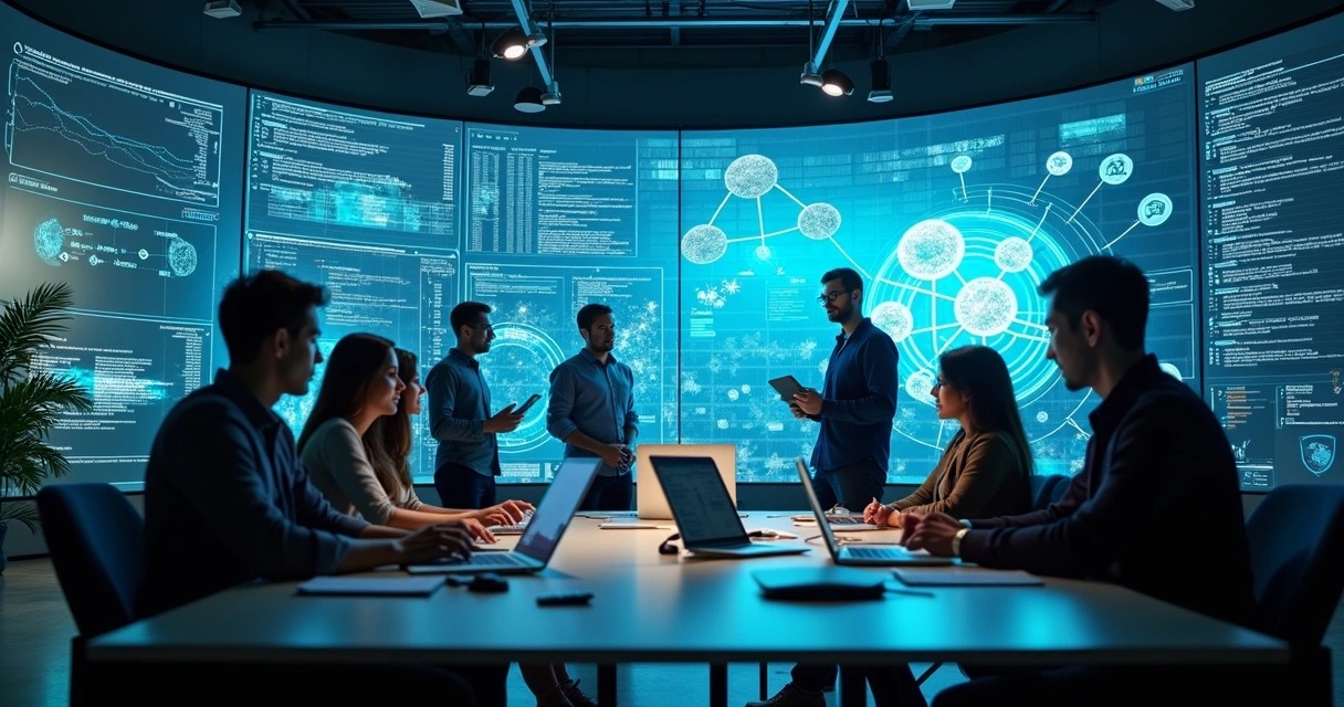 Equipe colaborando em frente a grande tela com dashboard de software e elementos de inteligência artificial 