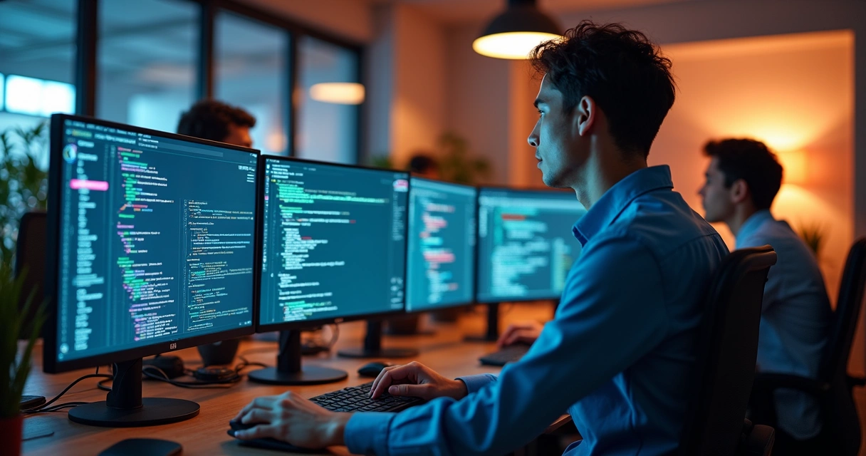Equipe de desenvolvedores trabalhando em projeto de software personalizado com telas exibindo código, dashboards, integrações e fluxos automatizados com inteligência artificial 