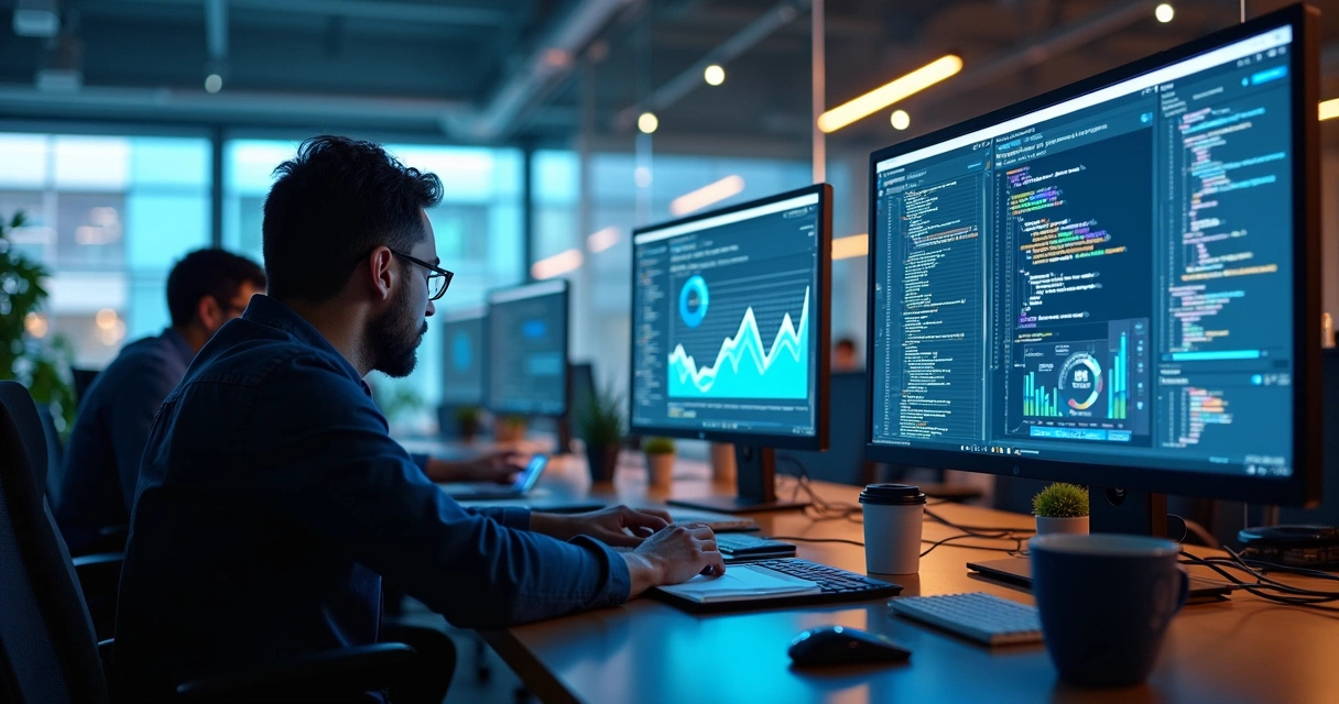 Ambiente de trabalho com programadores colaborando em desenvolvimento de software com inteligência artificial, telas exibindo códigos, dashboards e fluxos automatizados 