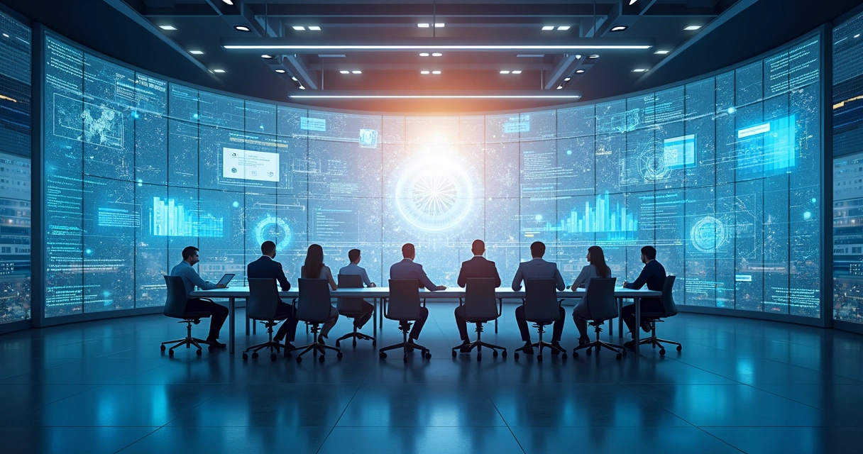 Conceito de integração entre IA, software e dados em ambiente corporativo 