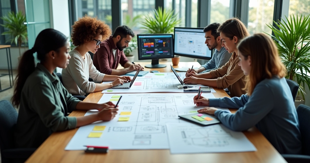 Equipe reunida em mesa desenhando fluxos e protótipos de software personalizado