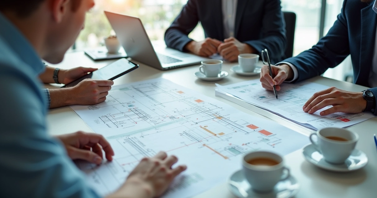 Consultores e desenvolvedores analisando fluxos de software em mesa de projetos 