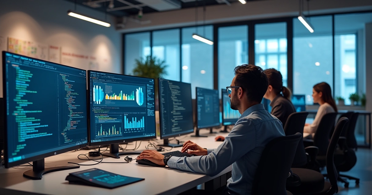 Equipe de profissionais reunidos em escritório moderno com múltiplas telas mostrando design e código de software SaaS 