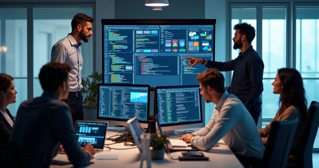 Profissionais analisando telas de software personalizado em ambiente moderno de escritório com gráficos e códigos visíveis 
