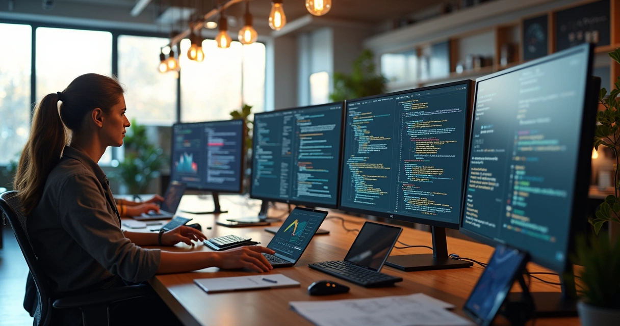 Equipe de desenvolvedores trabalhando em projeto de software personalizado com computadores e telas mostrando códigos e gráficos 