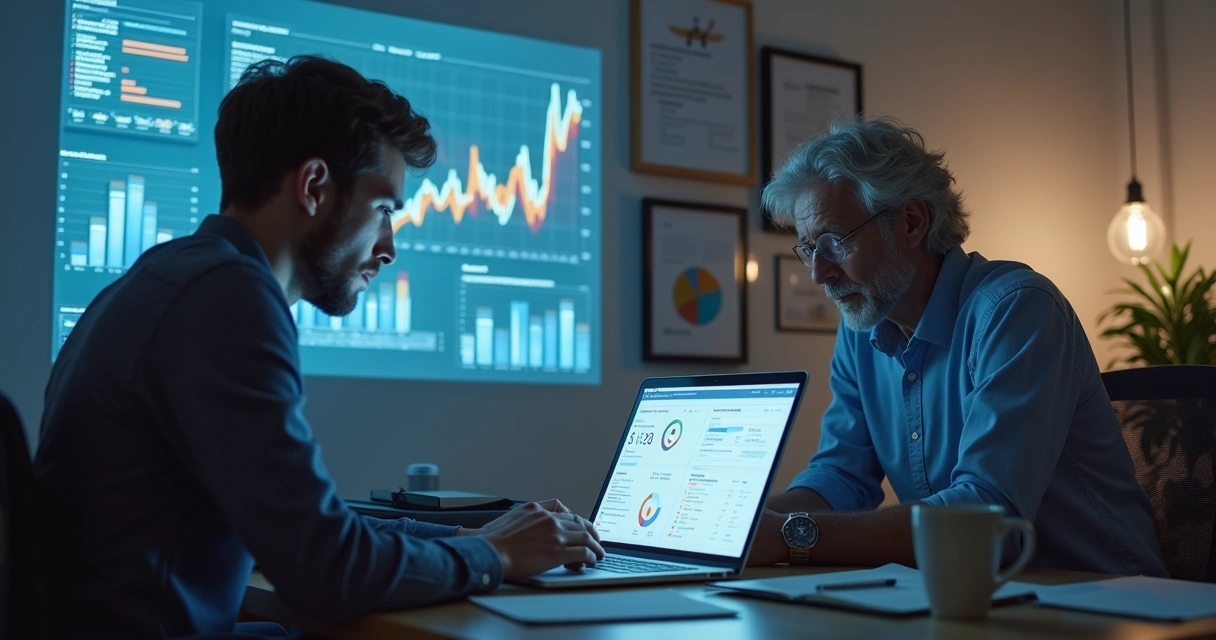 Funcionário de TI sendo orientado por mentor em sala com quadro de certificações 