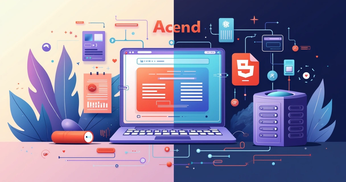 Ilustração de front-end colorido e back-end técnico em desenvolvimento web, mostrando a interação entre eles.