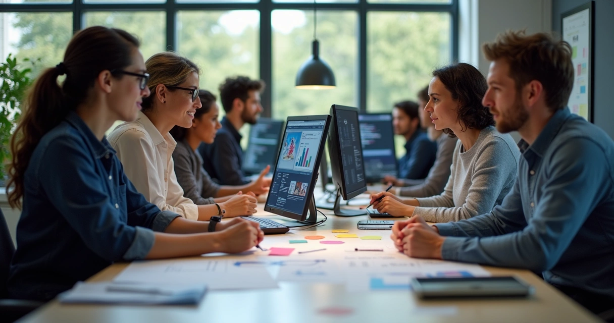 Profissionais trabalhando no desenvolvimento de site institucional em ambiente colaborativo. 