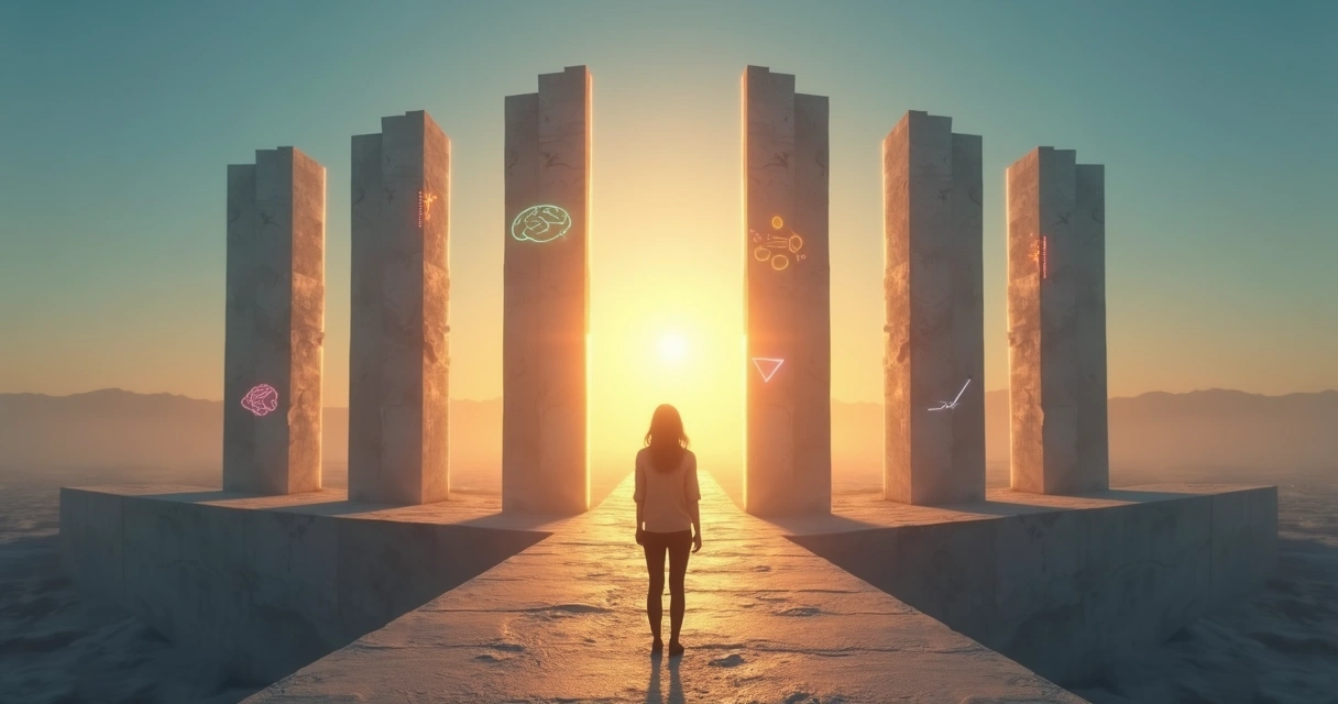 Pessoa em pé sobre ponte dividida em cinco blocos luminosos representando pilares internos 