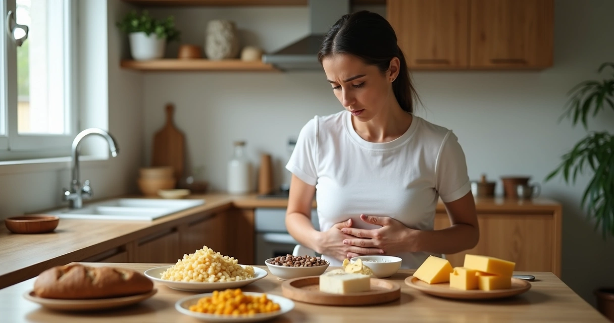 Mulher sentada, com expressão de desconforto abdominal, rodeada de alimentos sobre a mesa 