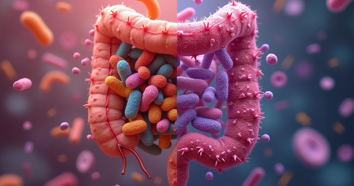 Representação visual do desequilíbrio de bactérias intestinais 