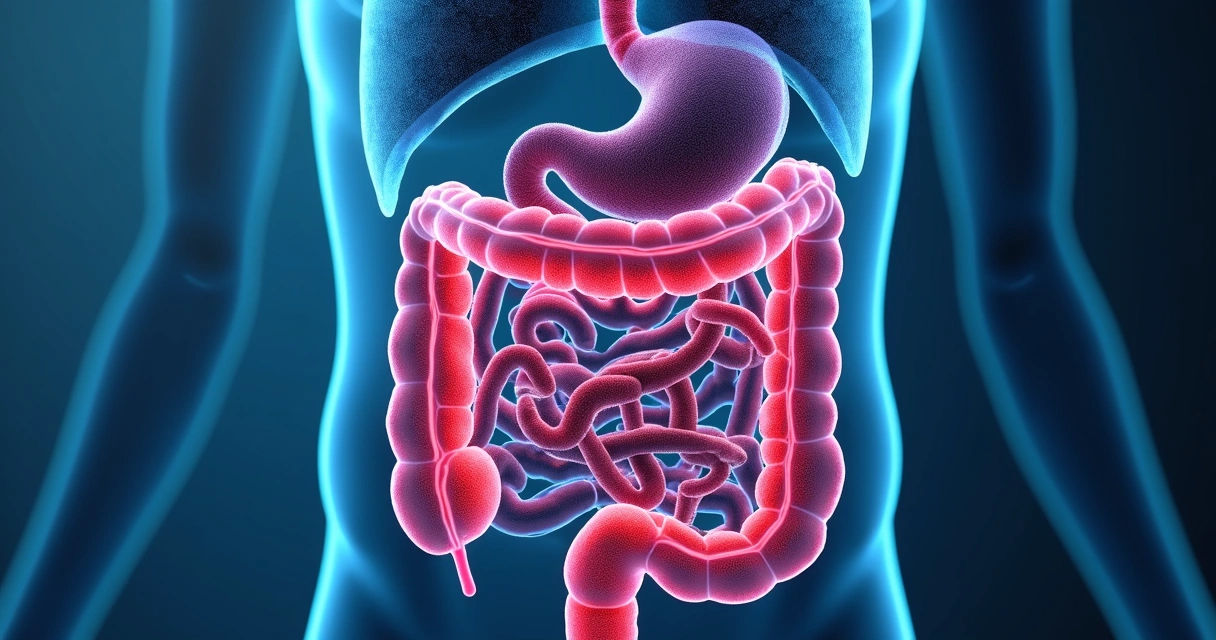 Gráfico ilustrativo mostrando desequilíbrio da microbiota intestinal e acúmulo de bactérias no intestino delgado 