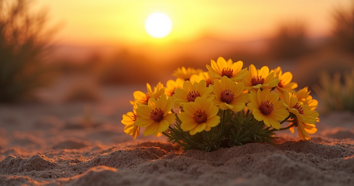 Desert Marigold with yellow blooms at sunset 