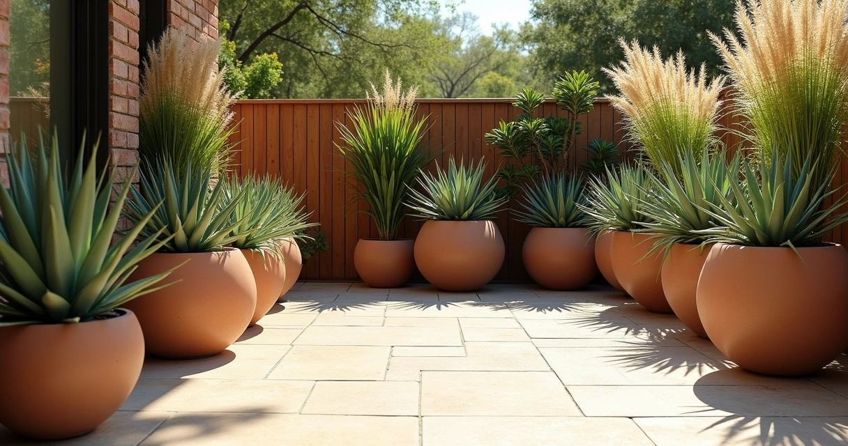 Modern Texas patio with potted succulents and grasses 