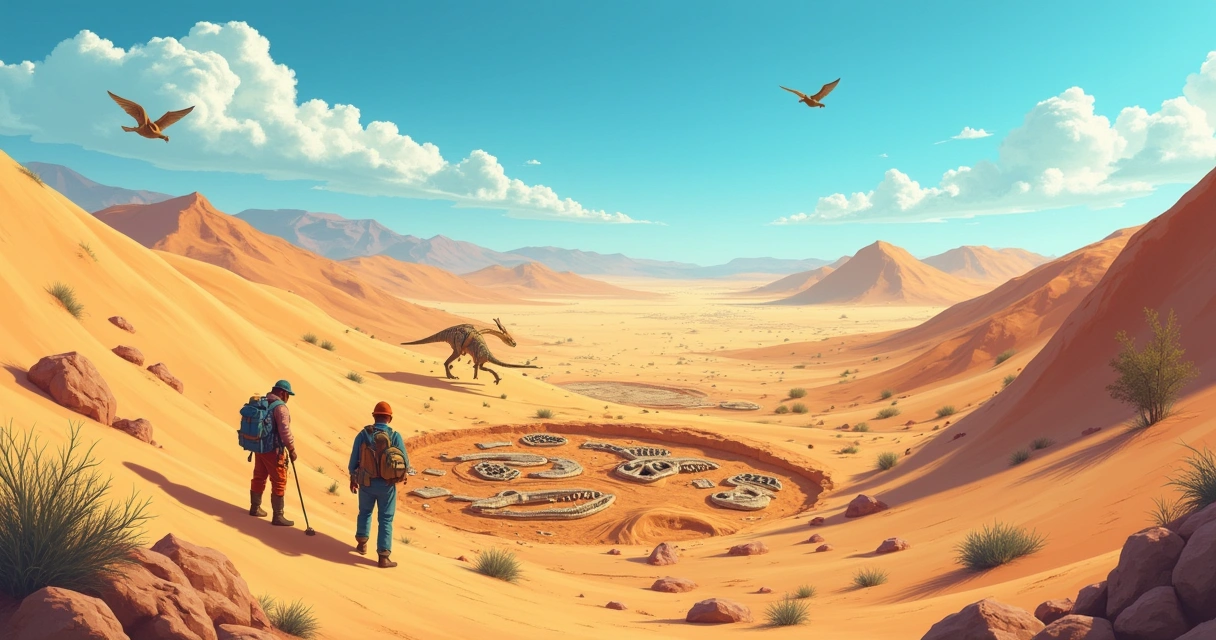 Deserto de Gobi com paleontólogos escavando fósseis de dinossauros sob um céu azul.