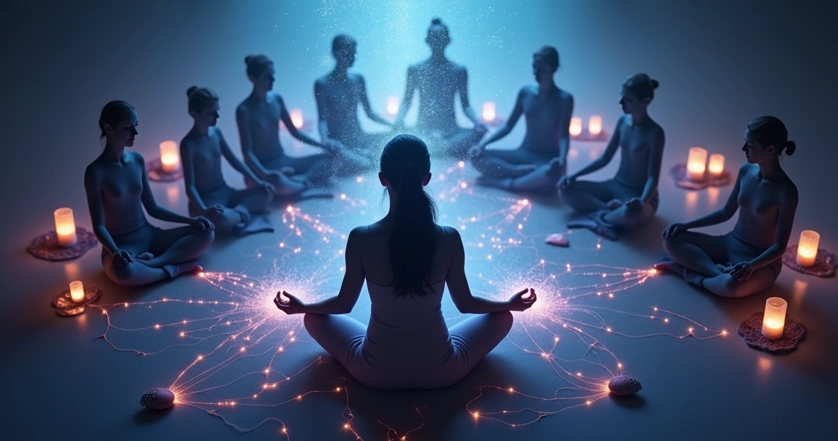 Pessoa sentada em meditação com visualização de fios de energia sendo cortados 