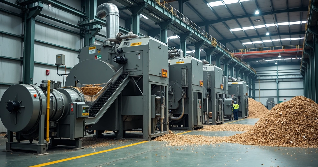 Desfibrador industrial em operação em fábrica de papel 
