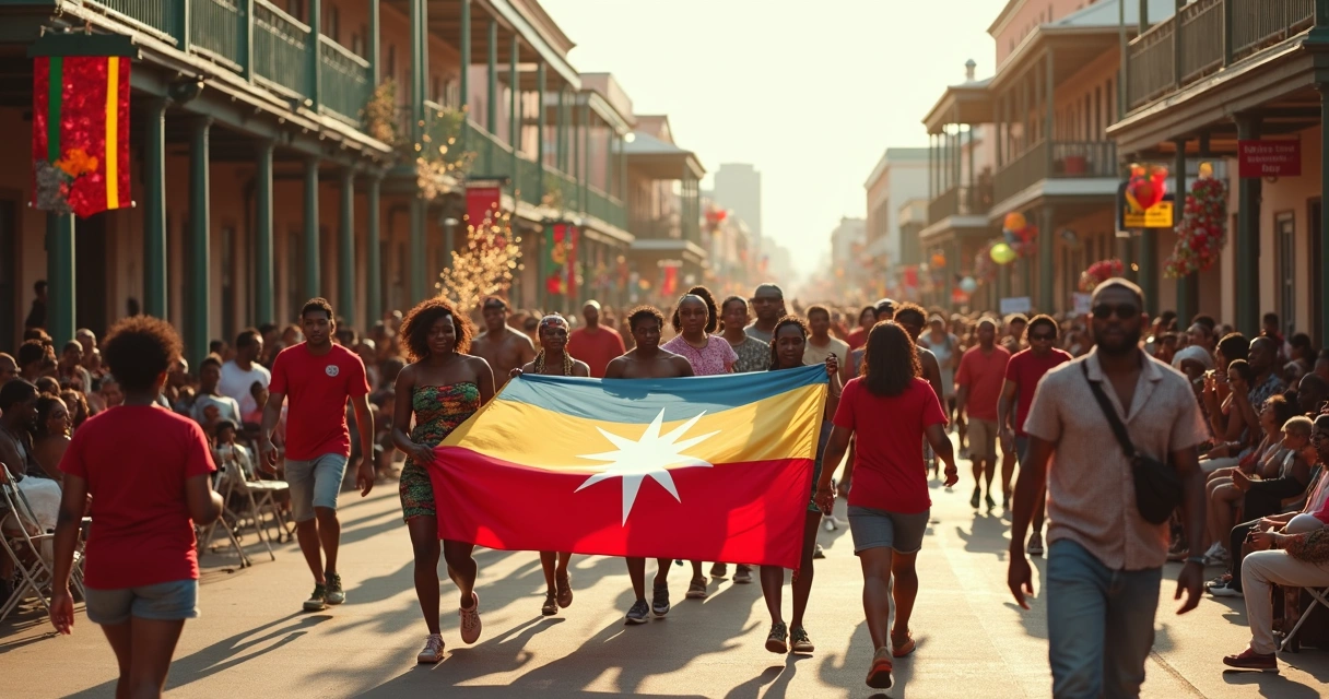 Desfile de Juneteenth em rua dos Estados Unidos com bandeiras e pessoas comemorando 