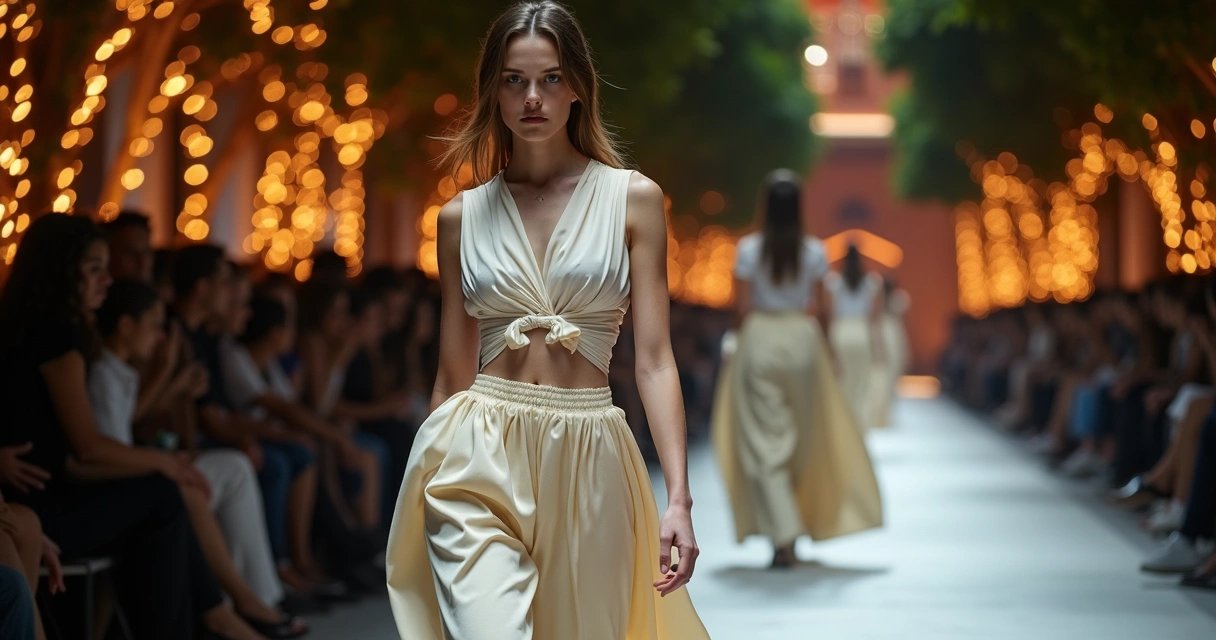 Modelo usando calça bufante fluida em desfile do SPFW com fundo urbano e iluminação de evento noturno 