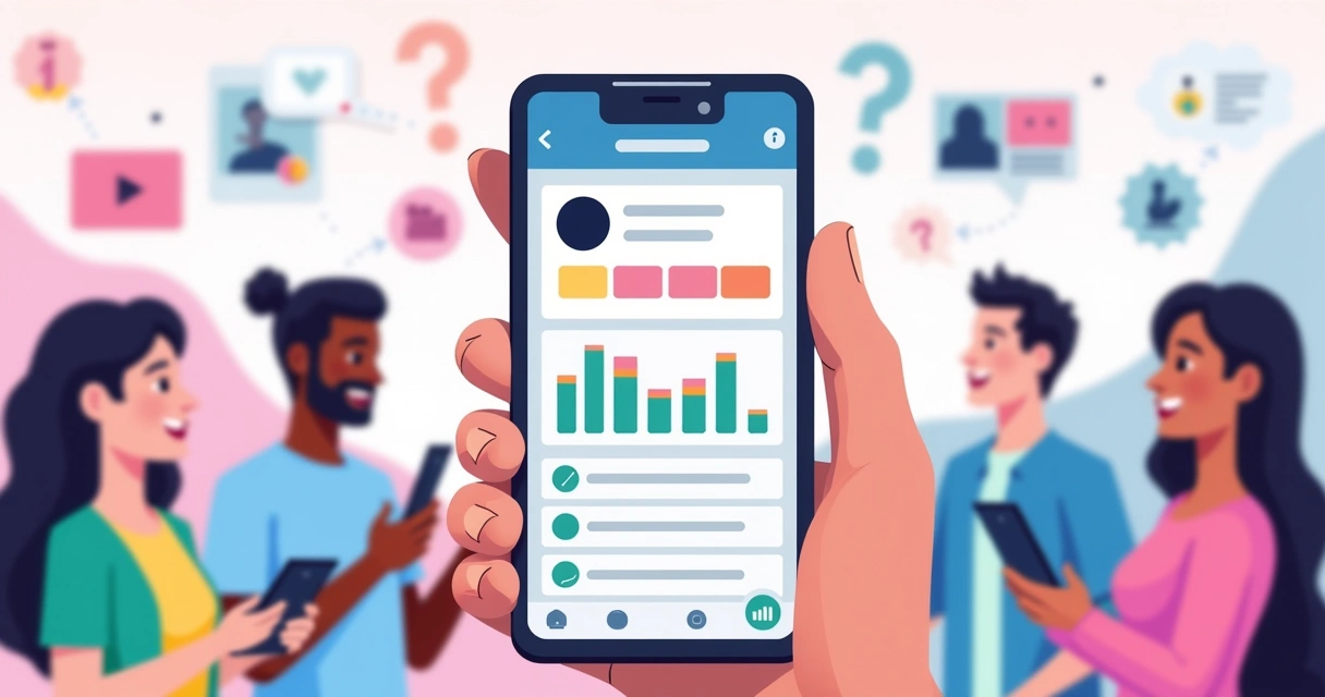 Ilustração de um perfil do Instagram em um smartphone com ícones de engajamento e interações de usuários.