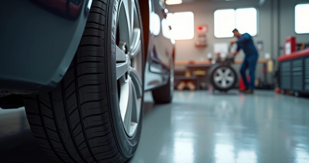 Pneu de carro com desgaste irregular visível, em oficina automotiva bem iluminada 