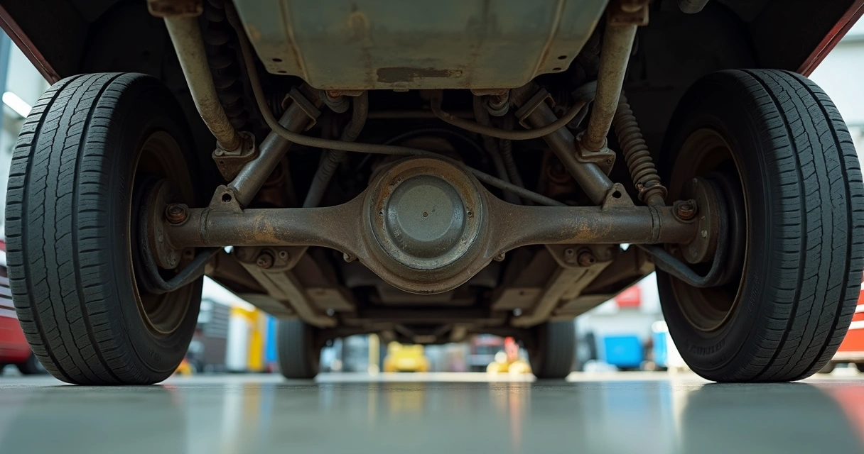 Suspensão e pneus de carro mostrando desgaste 