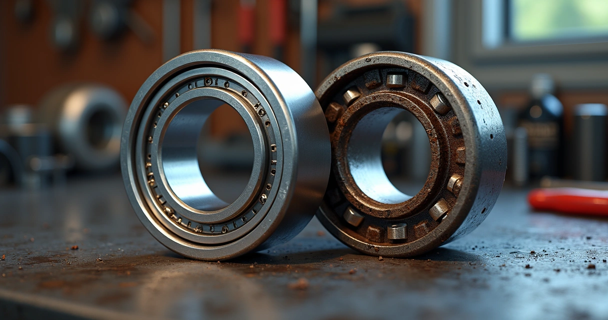 Rolamento automotivo desgastado ao lado de um novo em bancada 