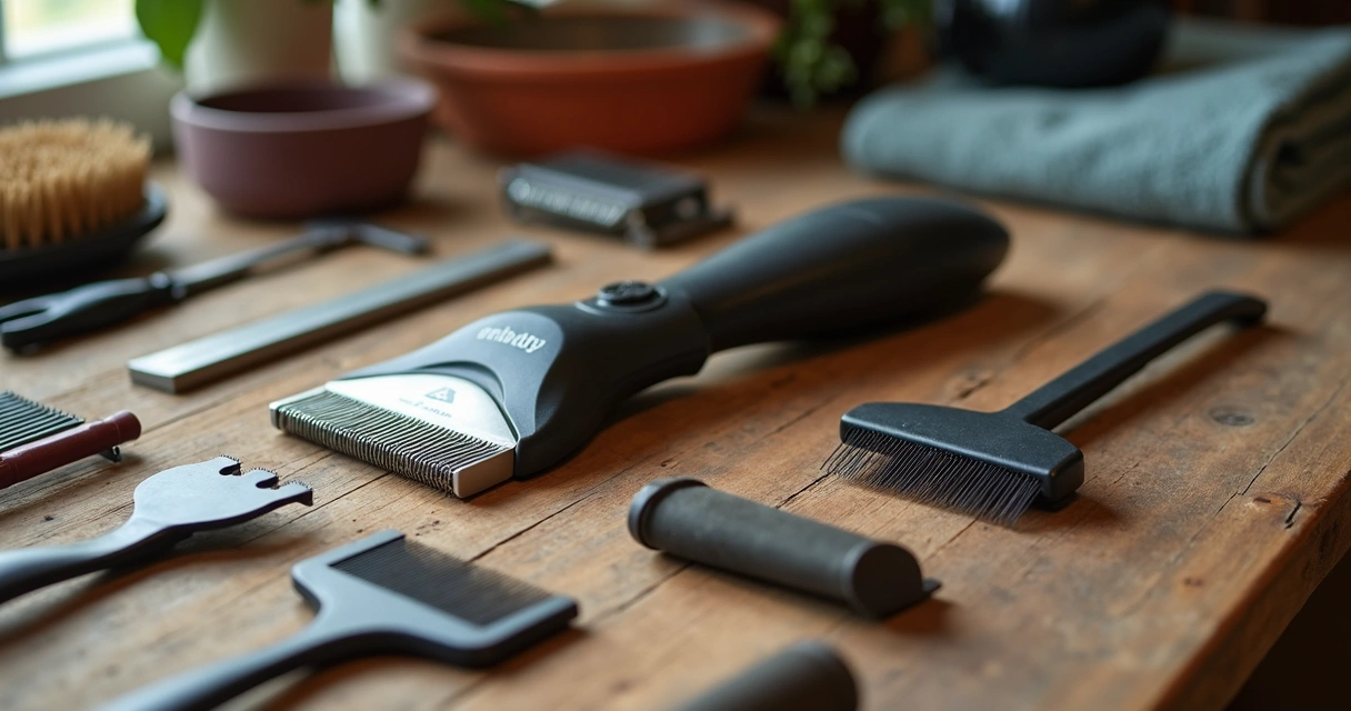 Close-up of different deshedding tools including a Furminator placed on a wooden table 