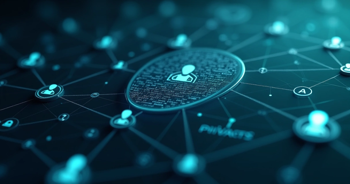 Rede de dados com informações desfocadas e símbolos de anonimato 