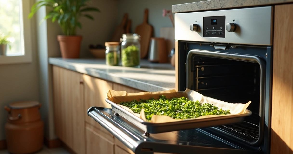 Bandeja com folhas de moringa sendo desidratadas em forno doméstico 