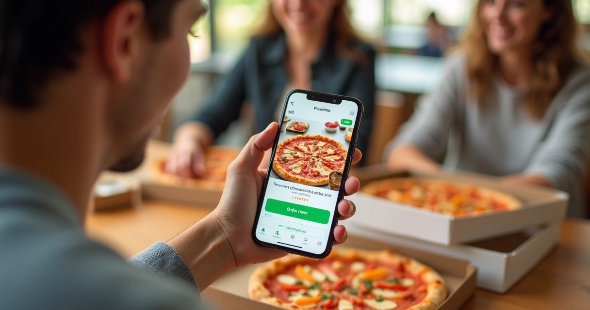 Tela de aplicativo de pizzaria com design moderno 