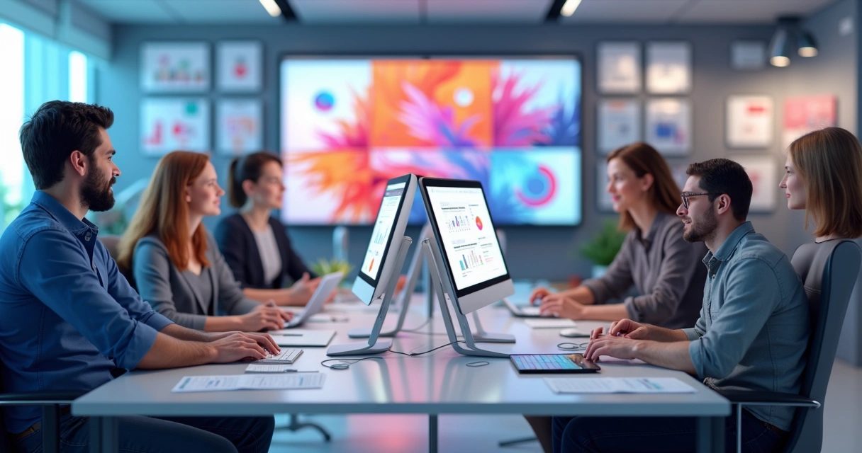 Time de designers e web designers trabalhando em computadores com telas mostrando layouts e gráficos digitais coloridos 