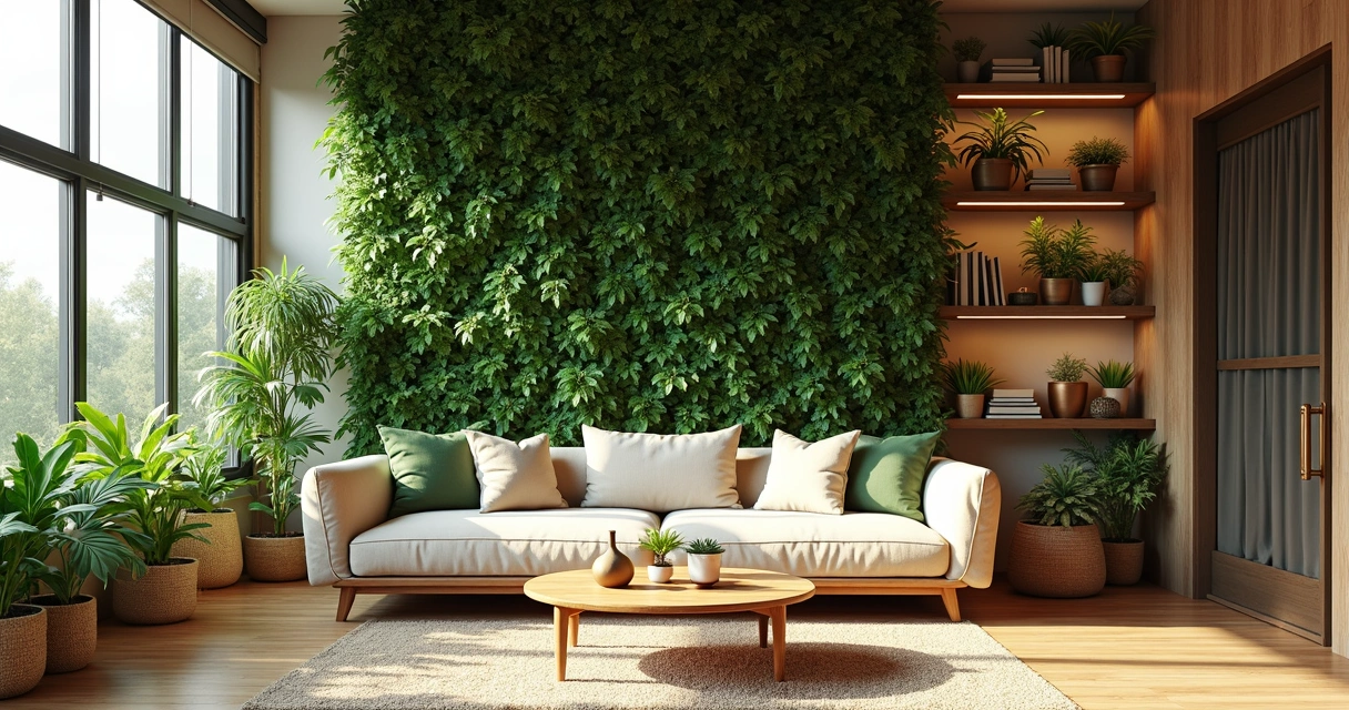 Jardim vertical dentro de uma sala de estar com luz natural 