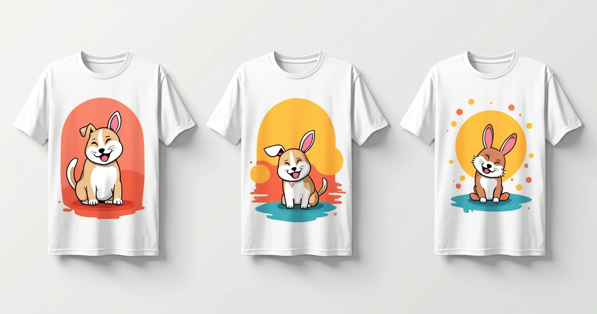 Variações de design de camiseta com fundos coloridos e personagens com poses diversas 