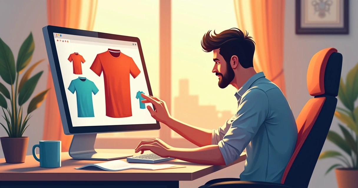 Designer ajustando a arte de uma camiseta personalizada em tela de computador em escritório 