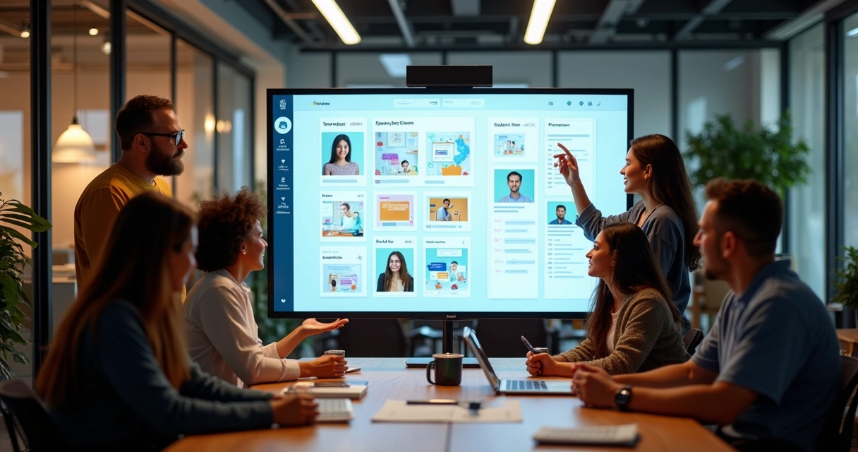 Equipe de design reunida em torno de protótipo digital centrado no usuário persona