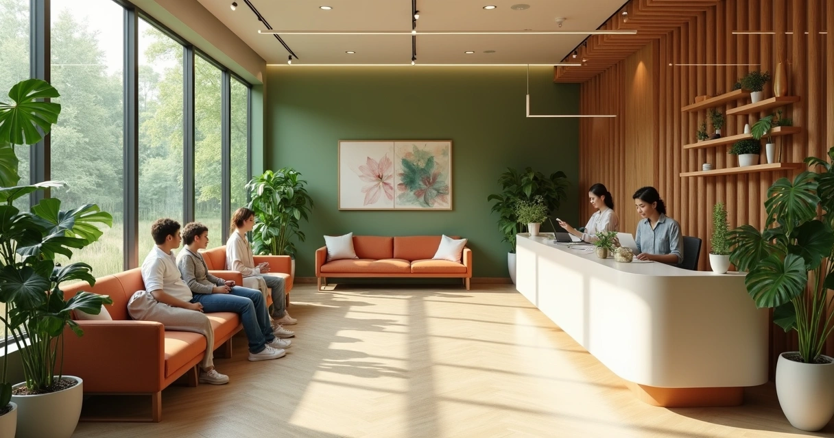 Sala de recepção de clínica odontológica com decoração biofílica, tons verdes, beiges, terracota e plantas naturais 