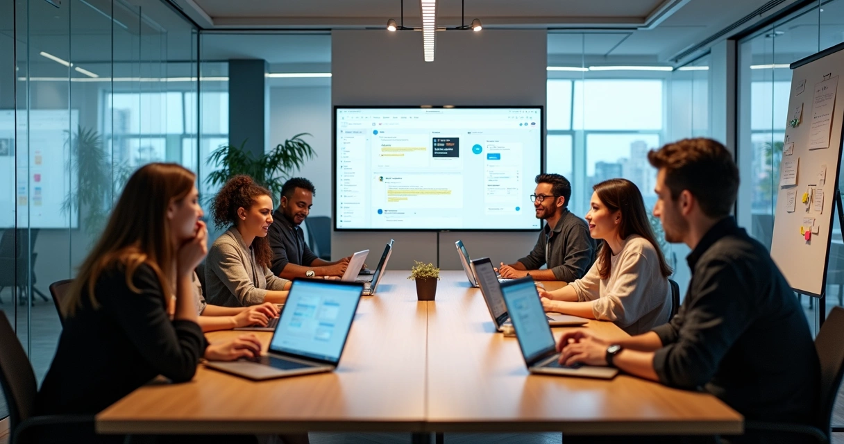 Equipe multissetorial colaborando em interface digital no Figma 