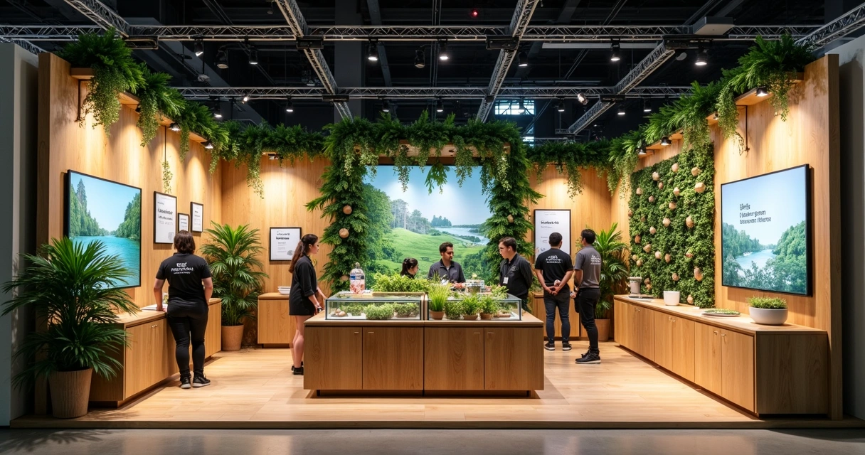Estande de feira moderno com elementos ecológicos e branding sustentável 