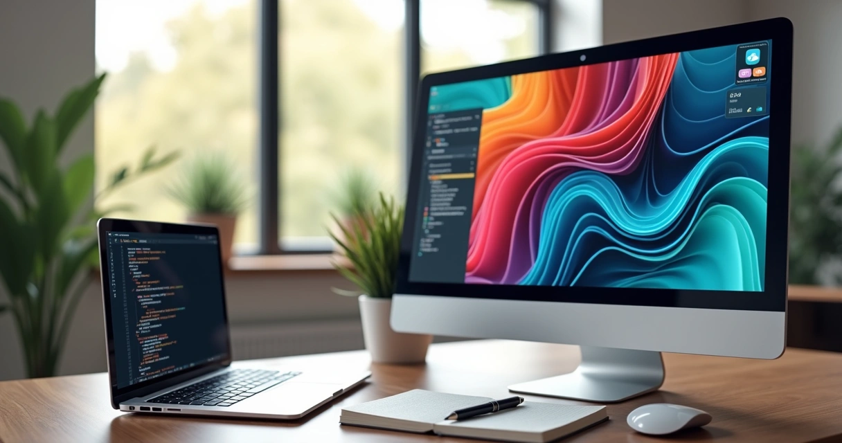 Mesa com computador mostrando design de interface na tela, notebook e caderno ao lado 