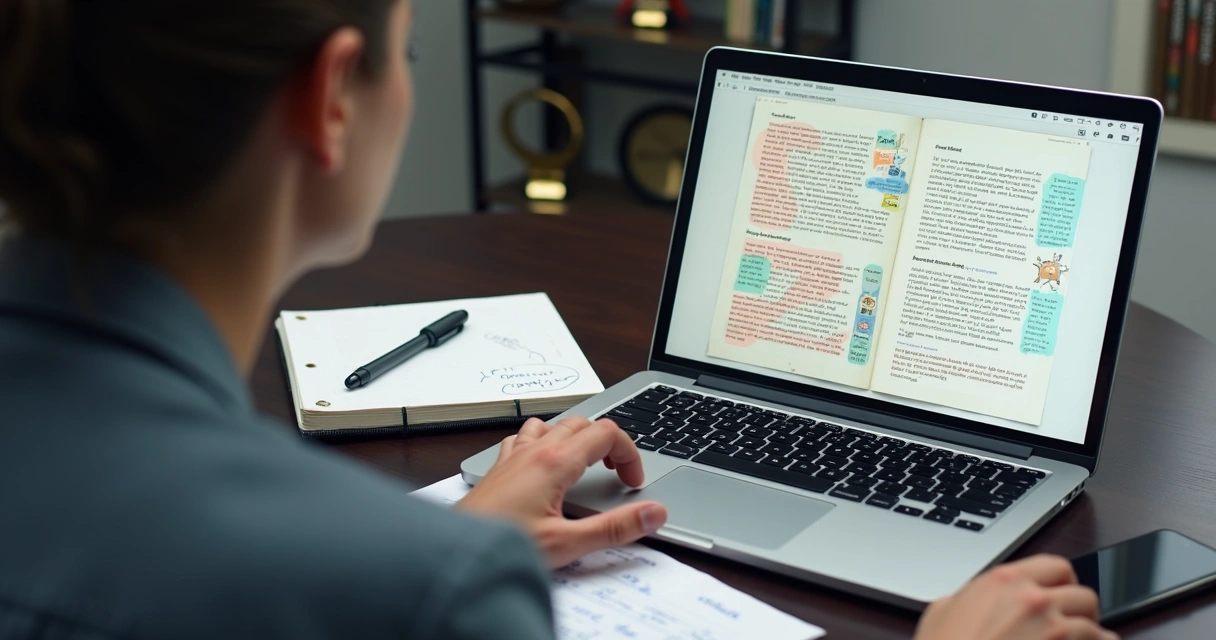 Mentor revisando o design de ebook em notebook 