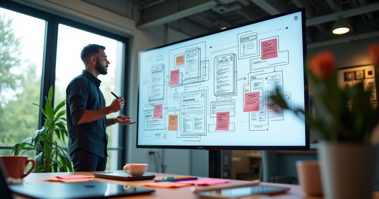 Designer criando protótipos de interface de aplicativo em tela touchscreen grande.