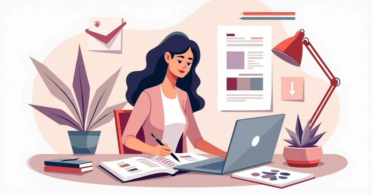 Ilustração flat corporativa de mulher empreendedora analisando paleta de cores e tipografia para identidade visual feminina 