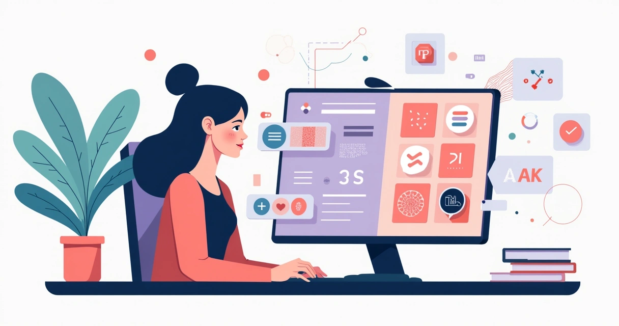 Ilustração de mulher designer usando inteligência artificial no computador 